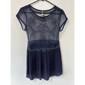 Free People Women's Top Blouse Navy Beaded Sheer Mesh Boho Embroidery Size SMALL